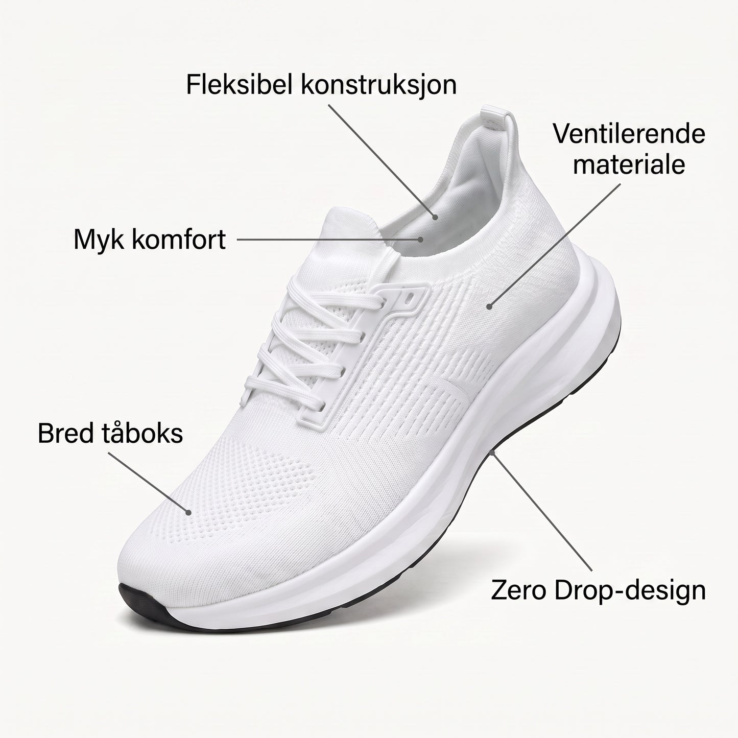 Fleksibel konstruksjon, ventilerende materiale, myk komfort, bred taboks
