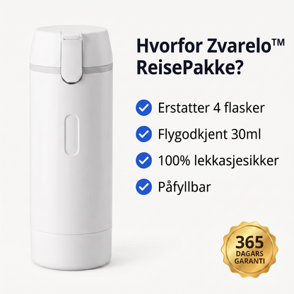 Zvarelo — Reiseflasken med 4 pumper som samler hele rutinen din lekkasjesikkert i jakkelommestørrelse
