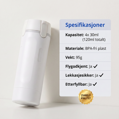 Zvarelo — Reiseflasken med 4 pumper som samler hele rutinen din lekkasjesikkert i jakkelommestørrelse
